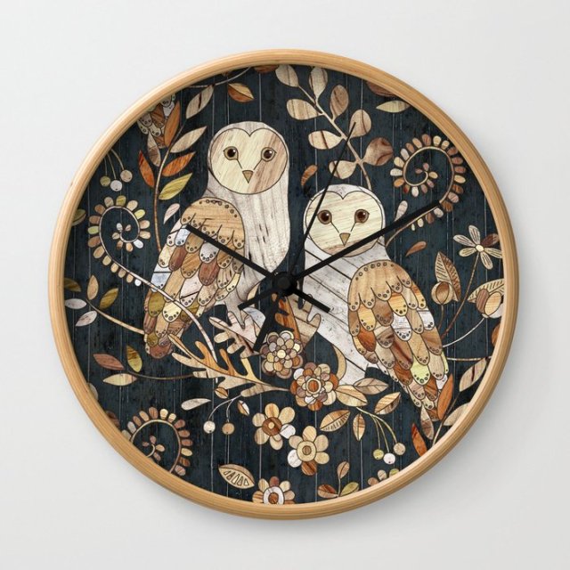 Night Owl Keepers Currates Wooden Wonderland Barn Owl Collage Wall Clock by micklyn at Society 6